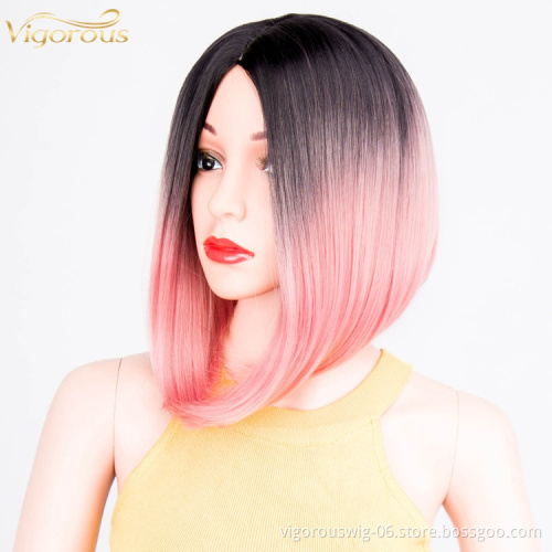 Ombre pink short straight wavy hair vendor high quality premium wholesale synthetic heat resistant wig lace front black women